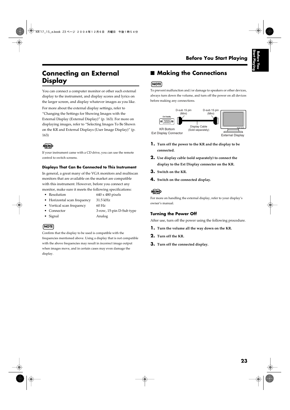 Connecting an external display, Making the connections, And display lyrics (p. 23) | Roland KR-17 User Manual | Page 23 / 212