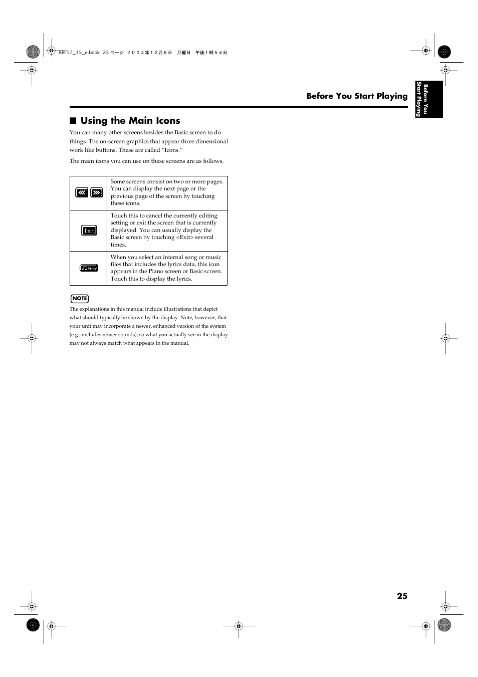 Using the main icons | Roland KR-17 User Manual | Page 25 / 212