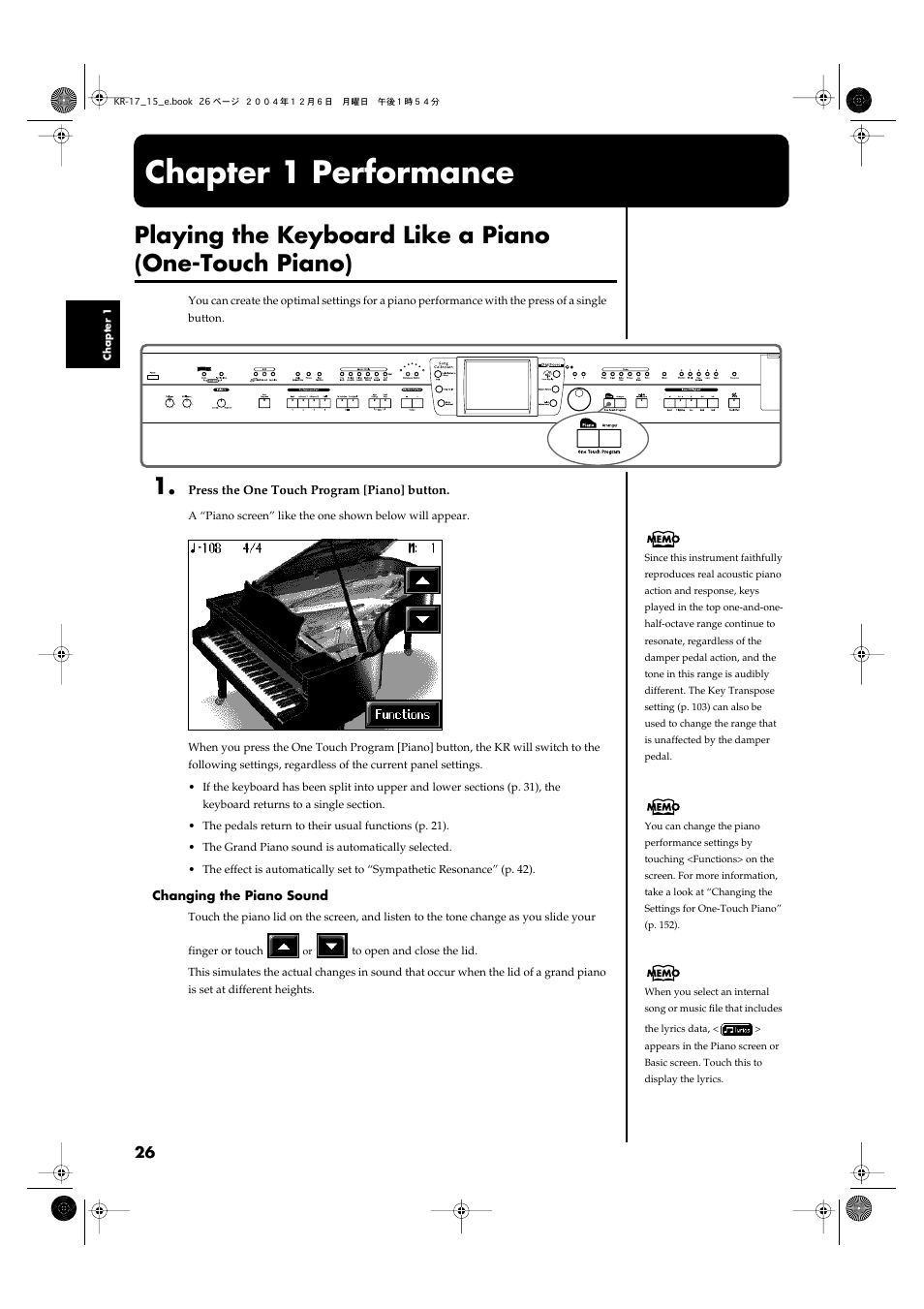 Chapter 1 performance | Roland KR-17 User Manual | Page 26 / 212