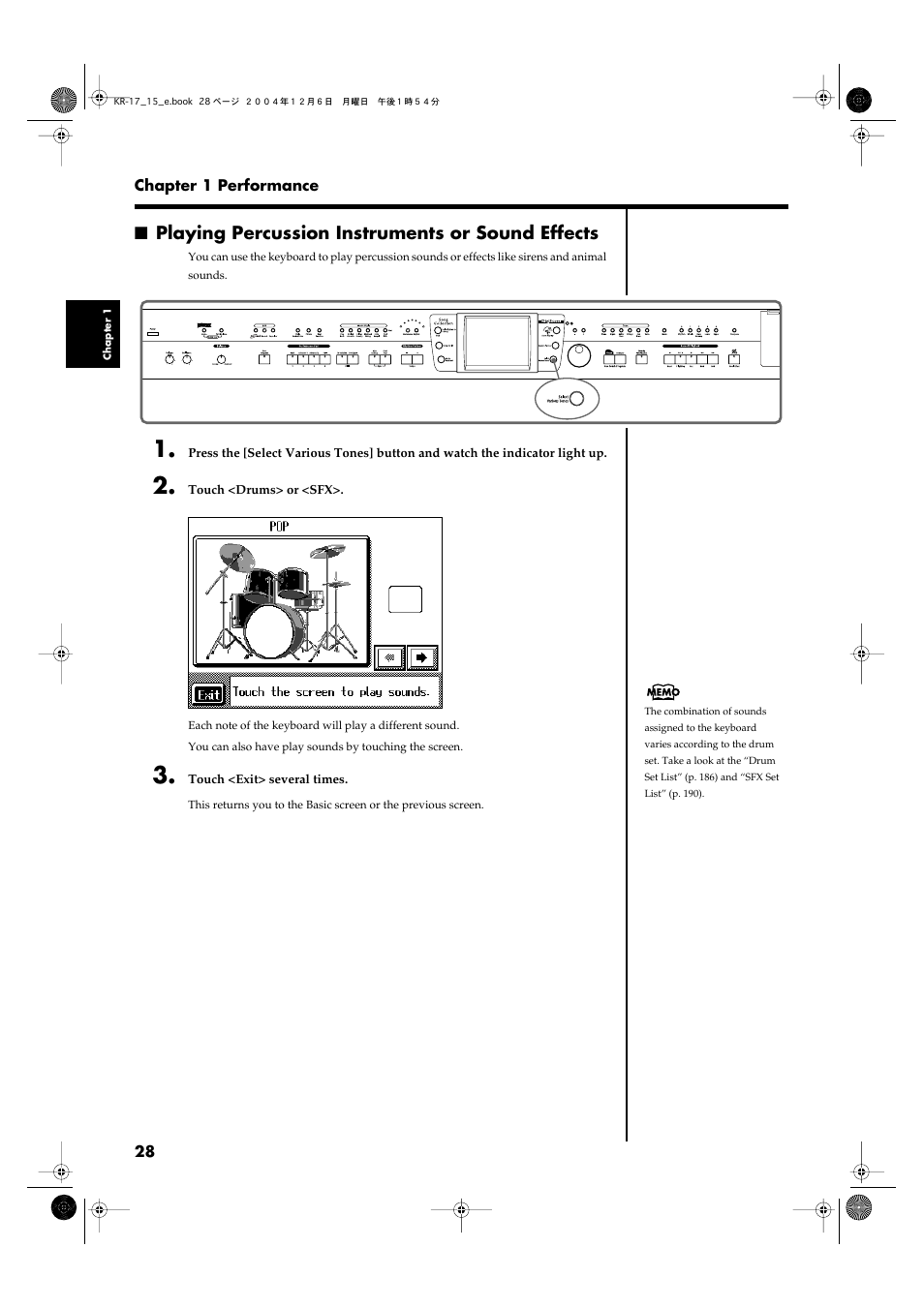 Playing percussion instruments or sound effects | Roland KR-17 User Manual | Page 28 / 212