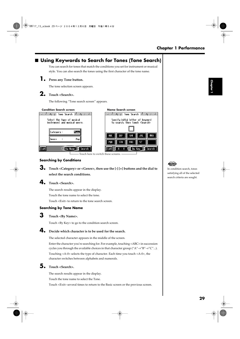 Using keywords to search for tones (tone search) | Roland KR-17 User Manual | Page 29 / 212