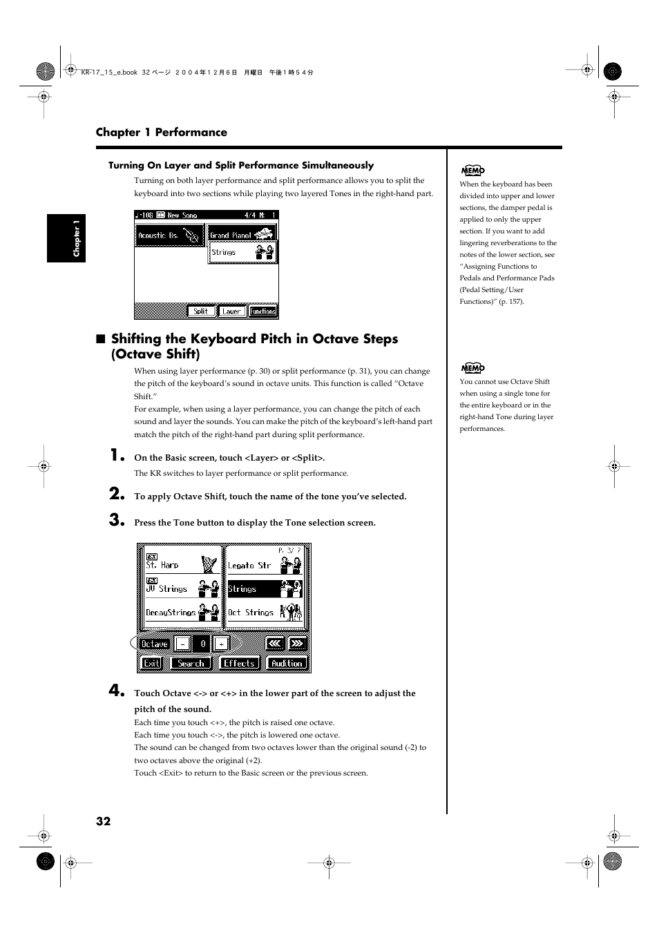 See “shifting the keyboard, Pitch in octave steps (octave, Shift)” (p. 32) | Roland KR-17 User Manual | Page 32 / 212