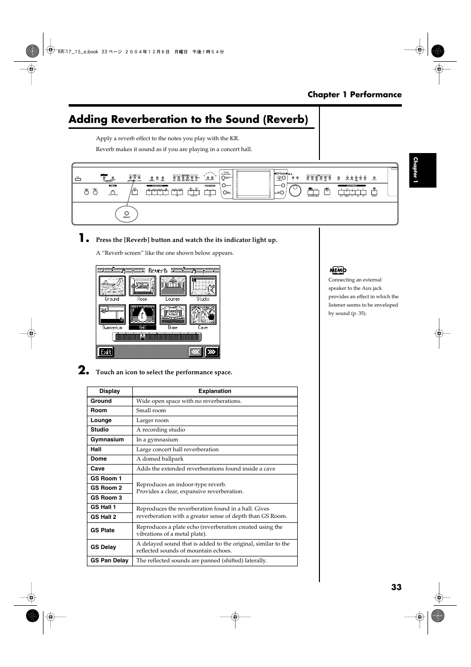 Adding reverberation to the sound (reverb), Adds reverberation to the sound (p. 33), 33 chapter 1 performance | Roland KR-17 User Manual | Page 33 / 212