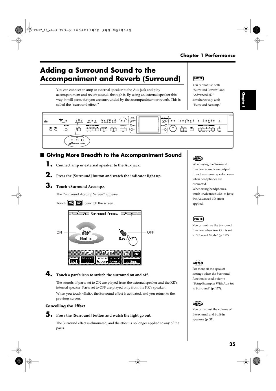 Giving more breadth to the accompaniment sound, P. 35) | Roland KR-17 User Manual | Page 35 / 212