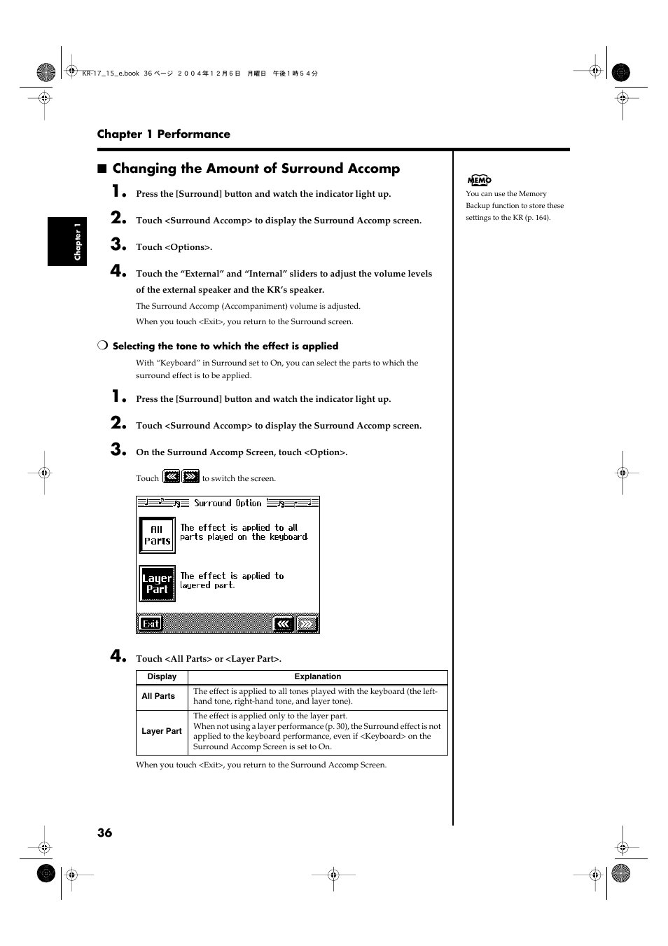 Changing the amount of surround accomp | Roland KR-17 User Manual | Page 36 / 212