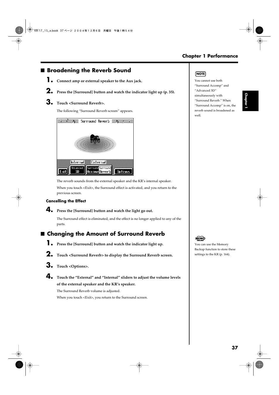 Broadening the reverb sound, Changing the amount of surround reverb | Roland KR-17 User Manual | Page 37 / 212