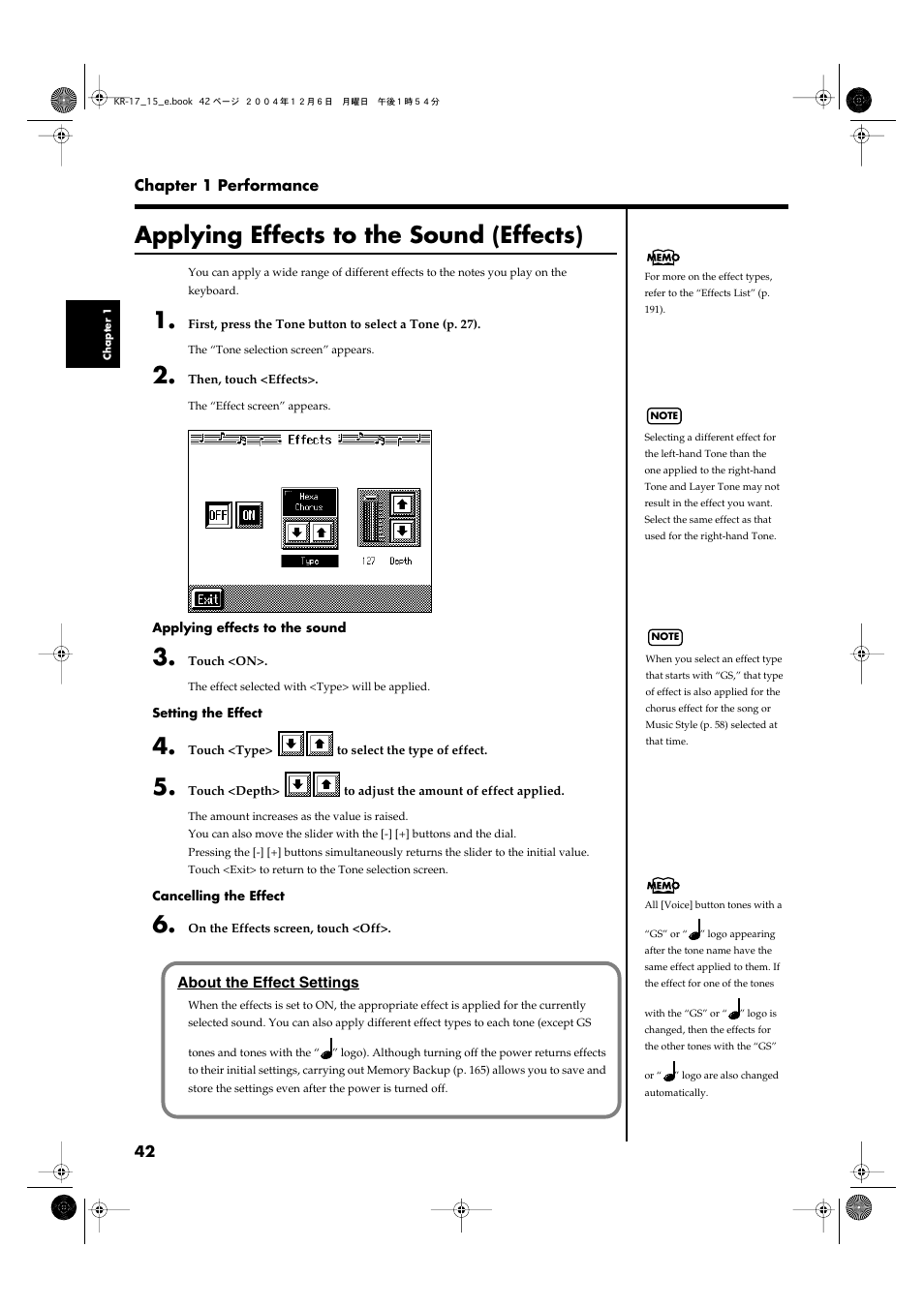 Applying effects to the sound (effects) | Roland KR-17 User Manual | Page 42 / 212