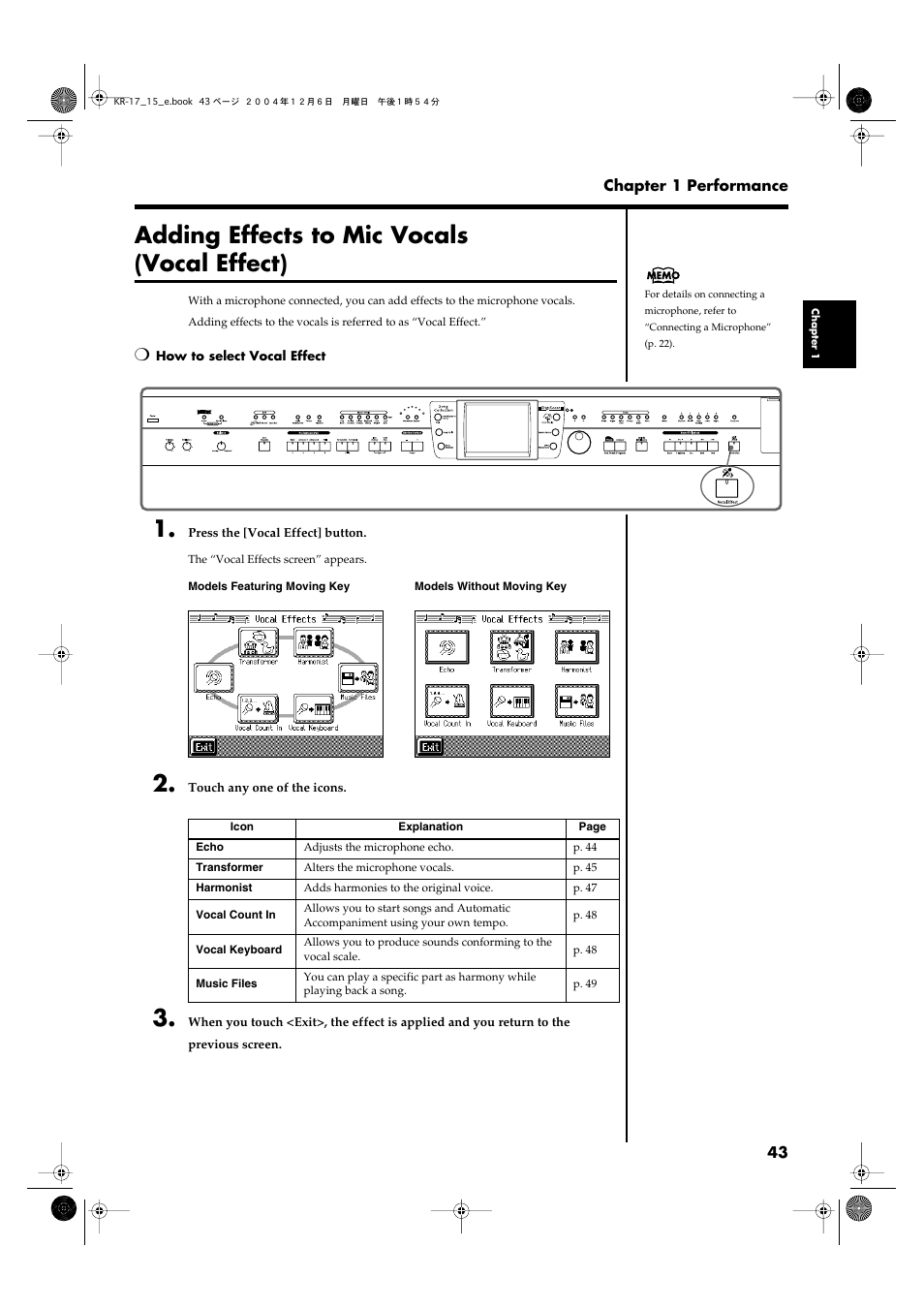 Adding effects to mic vocals (vocal effect), P. 43) | Roland KR-17 User Manual | Page 43 / 212