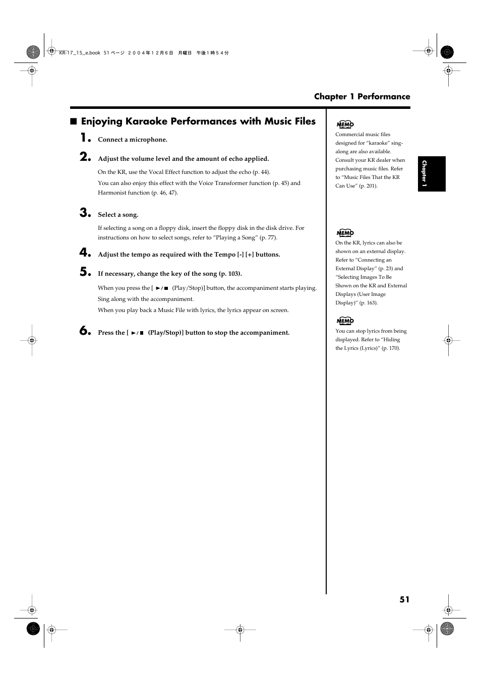 Enjoying karaoke performances with music files | Roland KR-17 User Manual | Page 51 / 212