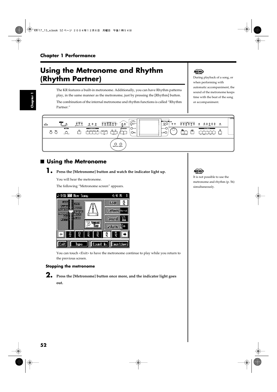 Using the metronome and rhythm (rhythm partner), Using the metronome, Activates the built-in metronome (p. 52) | Roland KR-17 User Manual | Page 52 / 212