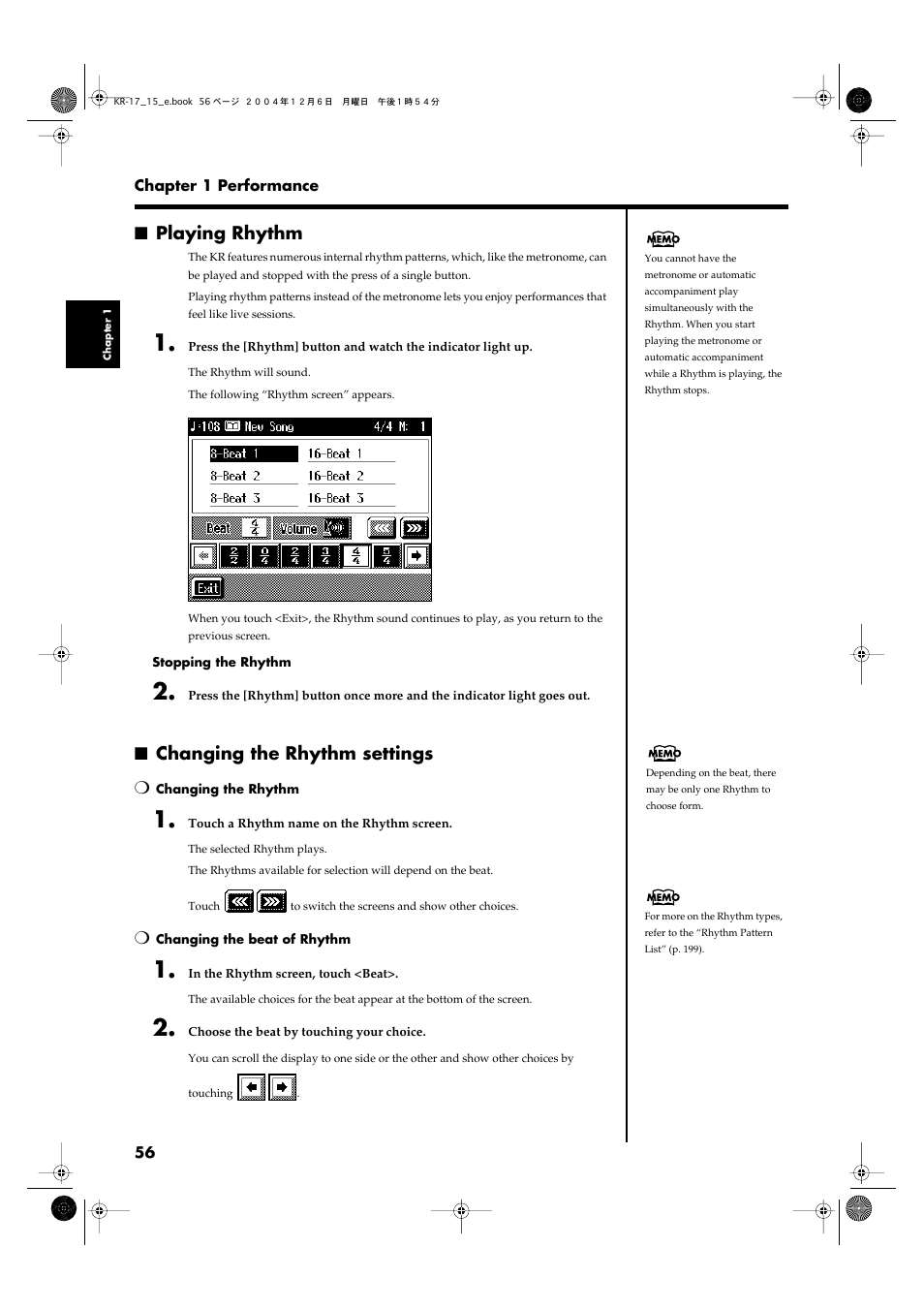 Playing rhythm, Changing the rhythm settings, Plays the rhythm pattern (p. 56) | Roland KR-17 User Manual | Page 56 / 212