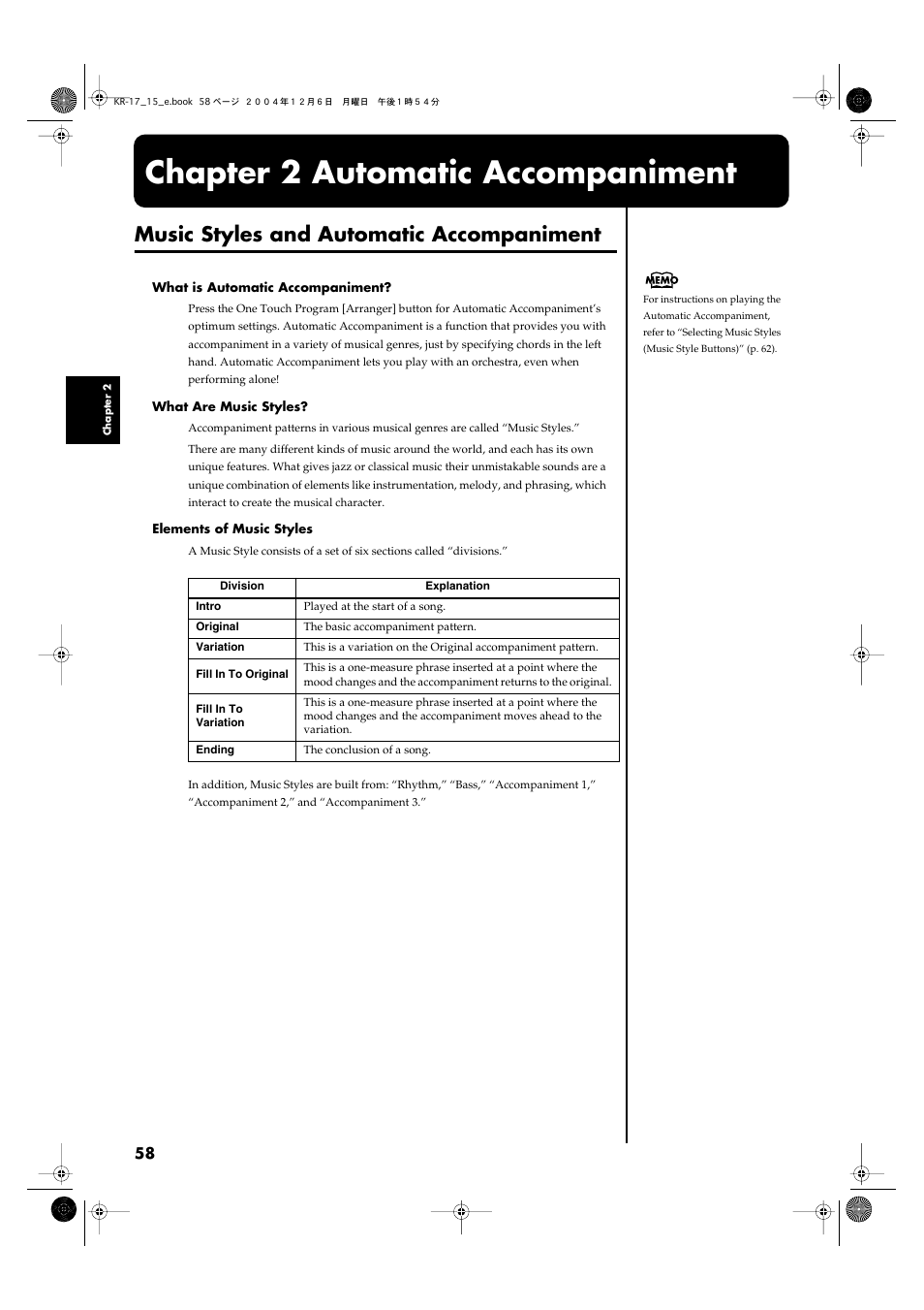Chapter 2 automatic accompaniment, Music styles and automatic accompaniment, Music style (p. 58) selected at | Roland KR-17 User Manual | Page 58 / 212