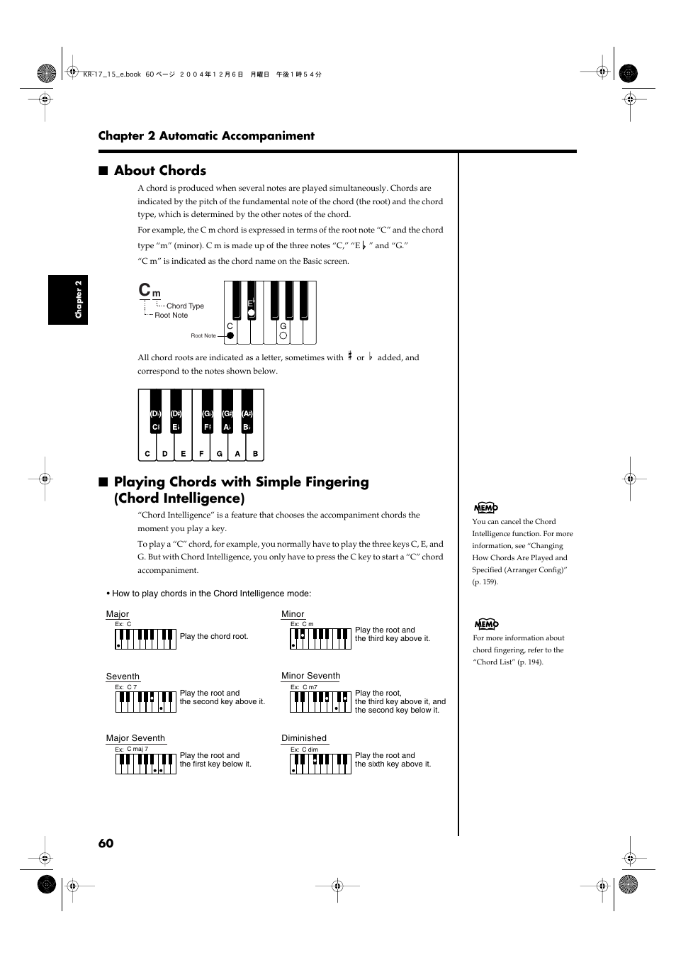 About chords, 60 chapter 2 automatic accompaniment | Roland KR-17 User Manual | Page 60 / 212