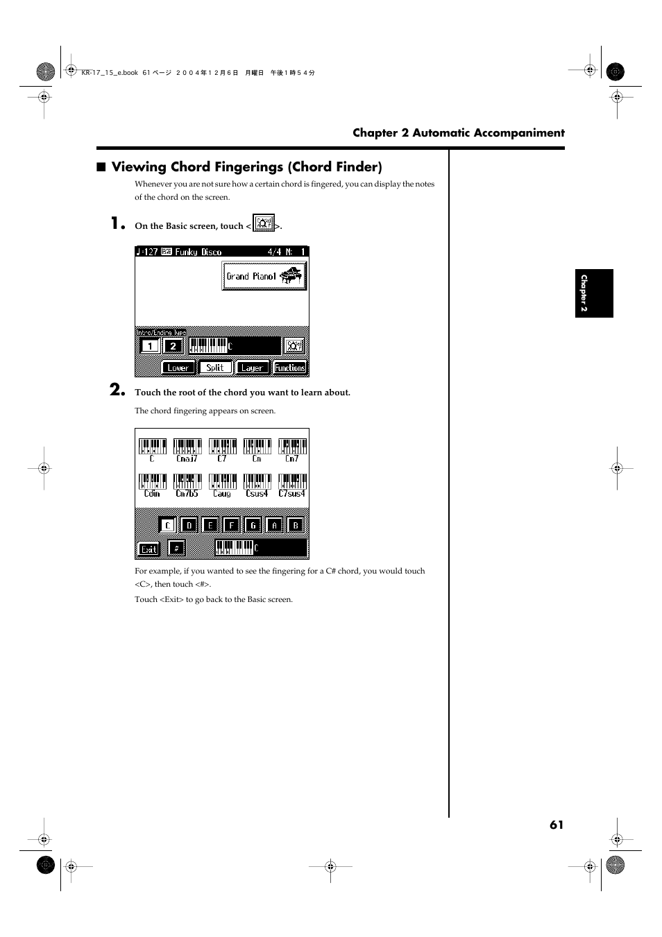 Viewing chord fingerings (chord finder) | Roland KR-17 User Manual | Page 61 / 212