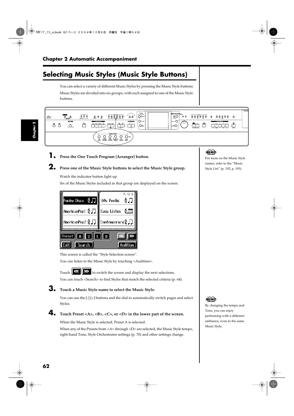 Selecting music styles (music style buttons), Selecting music styles (music, Style buttons)” (p. 62) | Roland KR-17 User Manual | Page 62 / 212