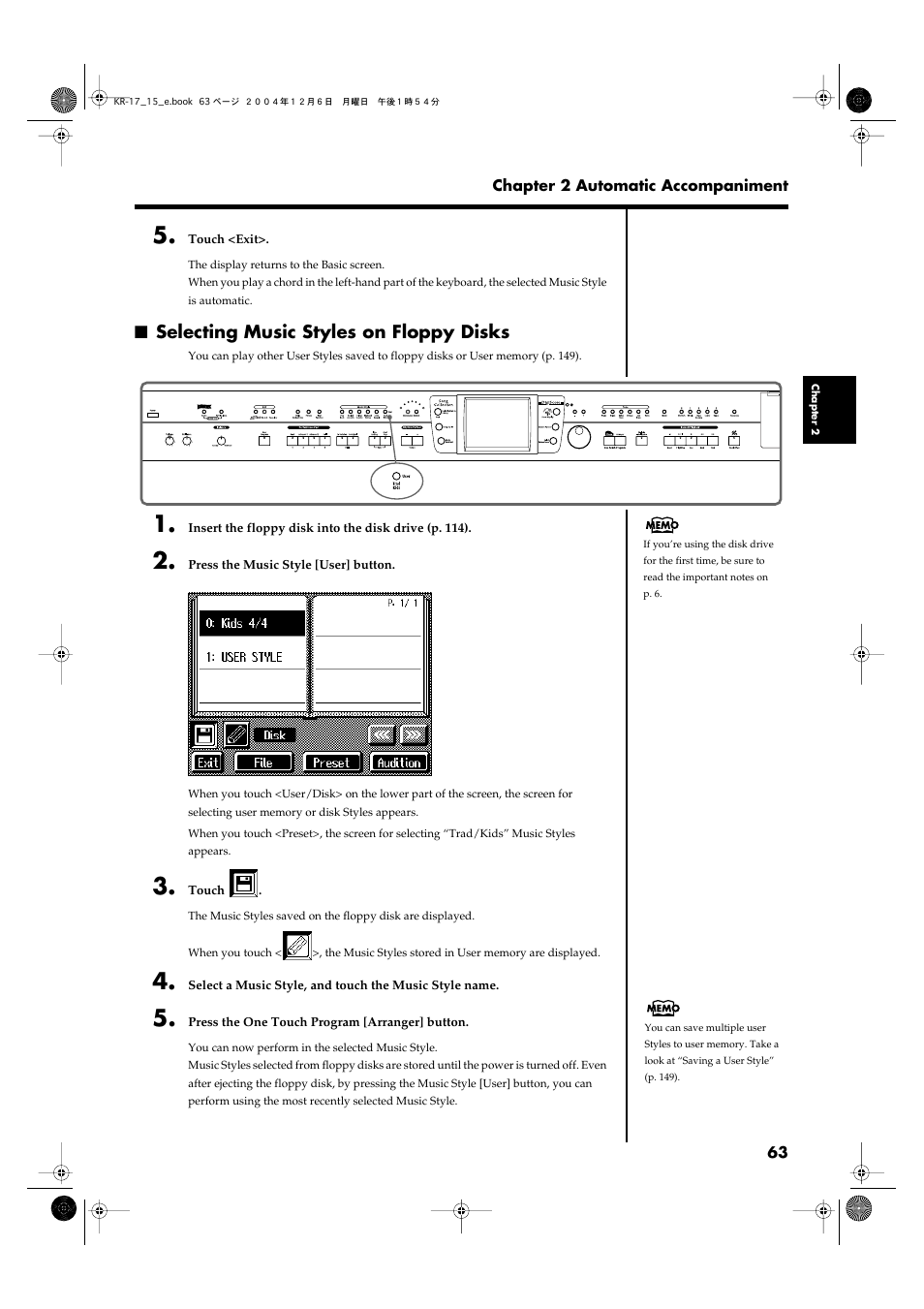 Selecting music styles on floppy disks, Yourself or a music style on floppy disk (p. 63) | Roland KR-17 User Manual | Page 63 / 212