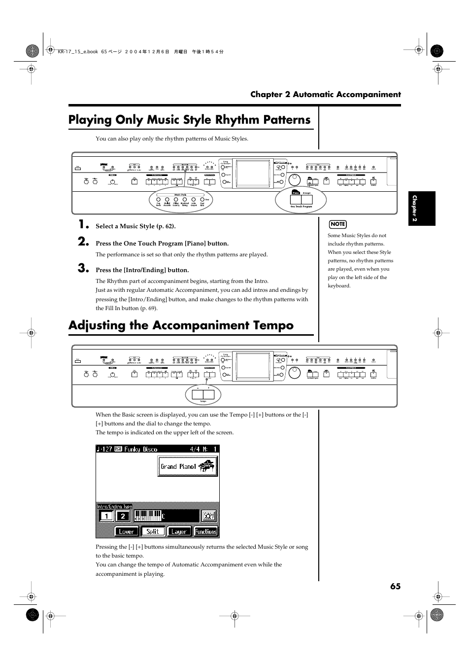 Playing only music style rhythm patterns, Adjusting the accompaniment tempo | Roland KR-17 User Manual | Page 65 / 212