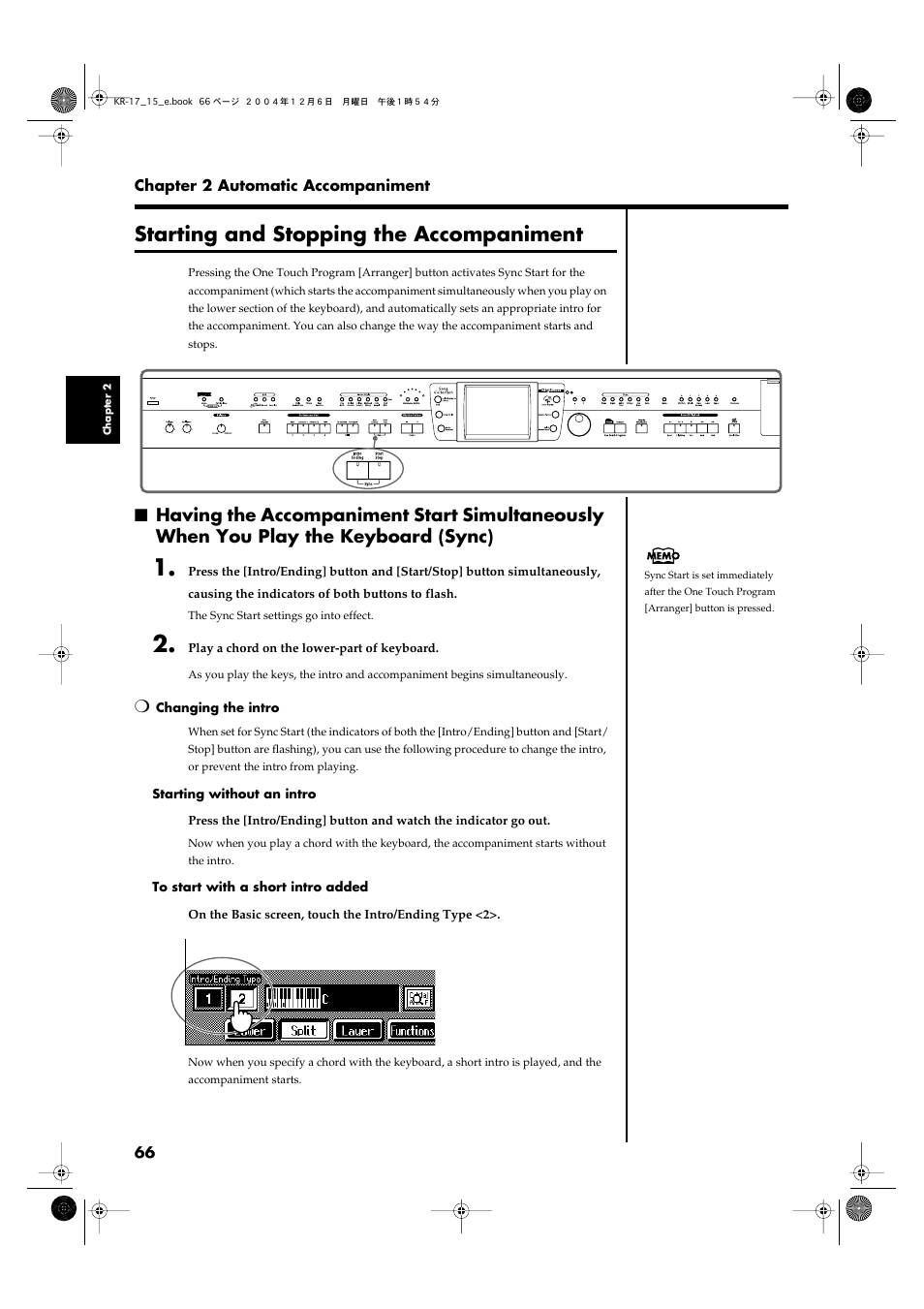 Starting and stopping the accompaniment, Starts and stops automatic accompaniment (p. 66), Starting and stopping the | Accompaniment” (p. 66) | Roland KR-17 User Manual | Page 66 / 212