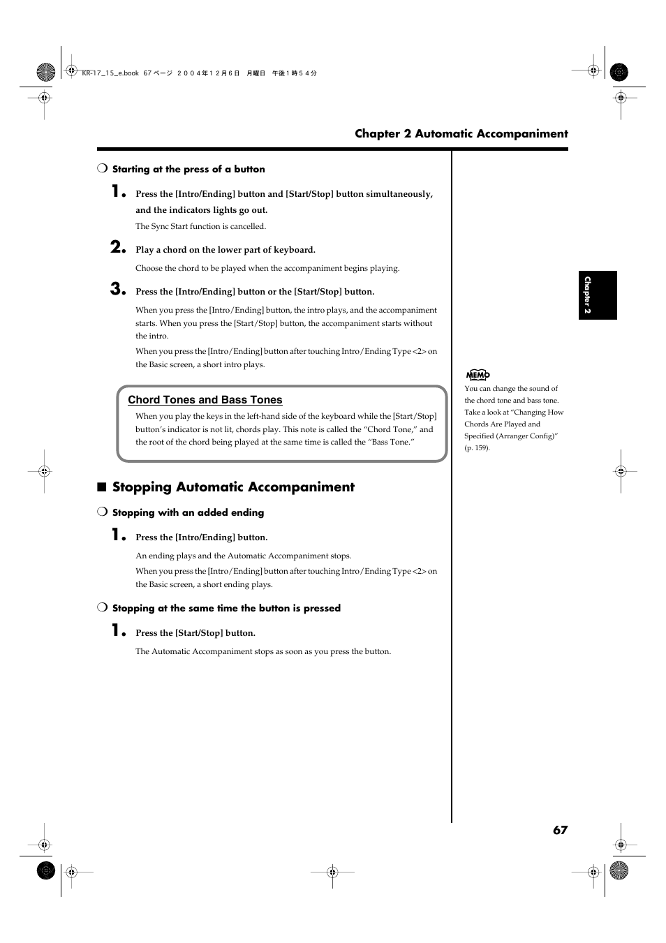 Stopping automatic accompaniment | Roland KR-17 User Manual | Page 67 / 212