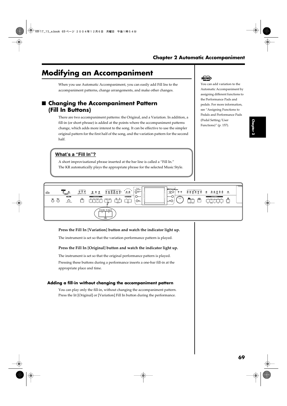 Modifying an accompaniment, Accompaniment pattern (p. 69) | Roland KR-17 User Manual | Page 69 / 212