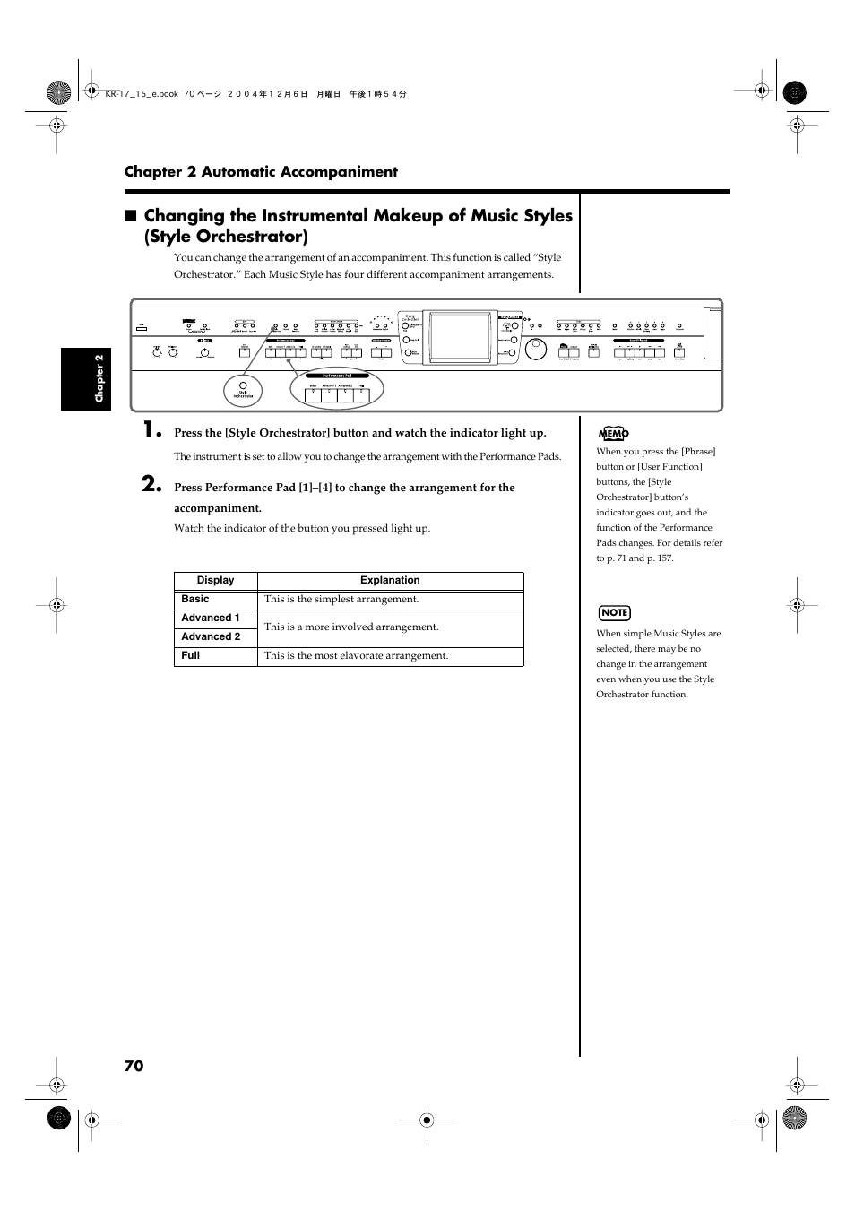 Accompaniment with the performance pads (p. 70) | Roland KR-17 User Manual | Page 70 / 212