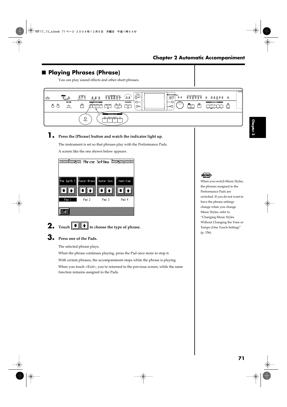 Playing phrases (phrase), P. 71) | Roland KR-17 User Manual | Page 71 / 212