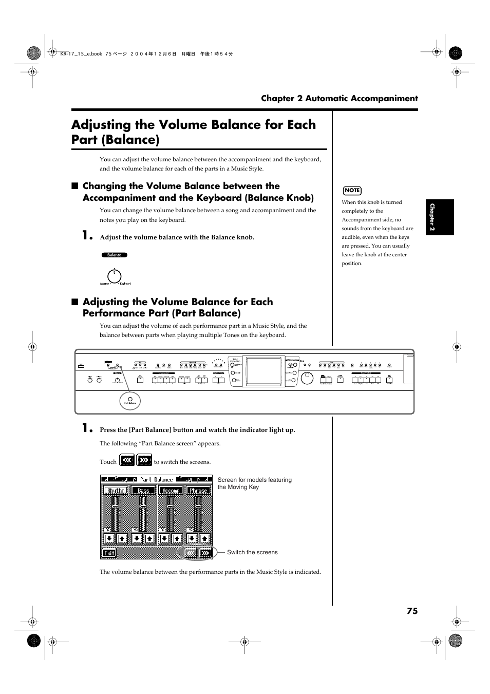 Performance parts (p. 75), Keyboard and for songs and accompaniments (p. 75), Instructions, see “adjusting | The volume balance for each, Performance part (part, Balance)” (p. 75), Keyboard; refer to “adjusting | Roland KR-17 User Manual | Page 75 / 212