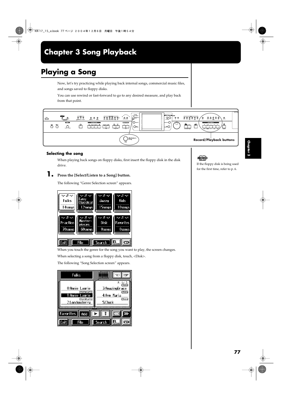 Chapter 3 song playback, Playing a song, Disk (p. 77) | P. 77, p. 116), Chapter 3 song playback playing a song | Roland KR-17 User Manual | Page 77 / 212