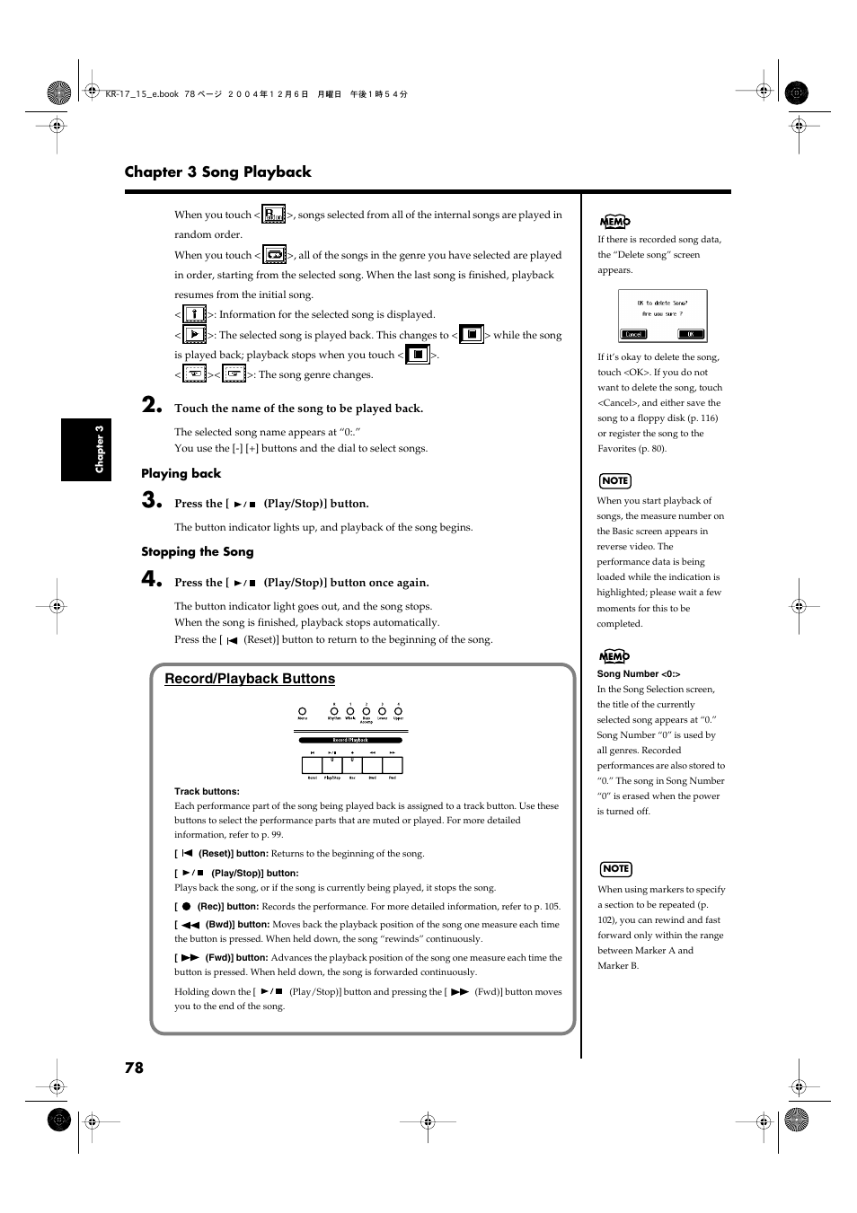 78 chapter 3 song playback, Record/playback buttons | Roland KR-17 User Manual | Page 78 / 212