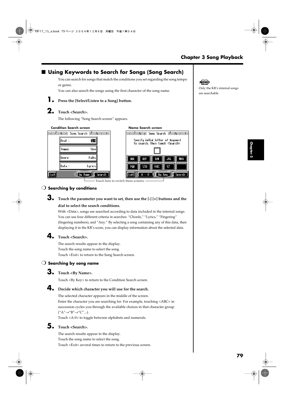 Using keywords to search for songs (song search) | Roland KR-17 User Manual | Page 79 / 212