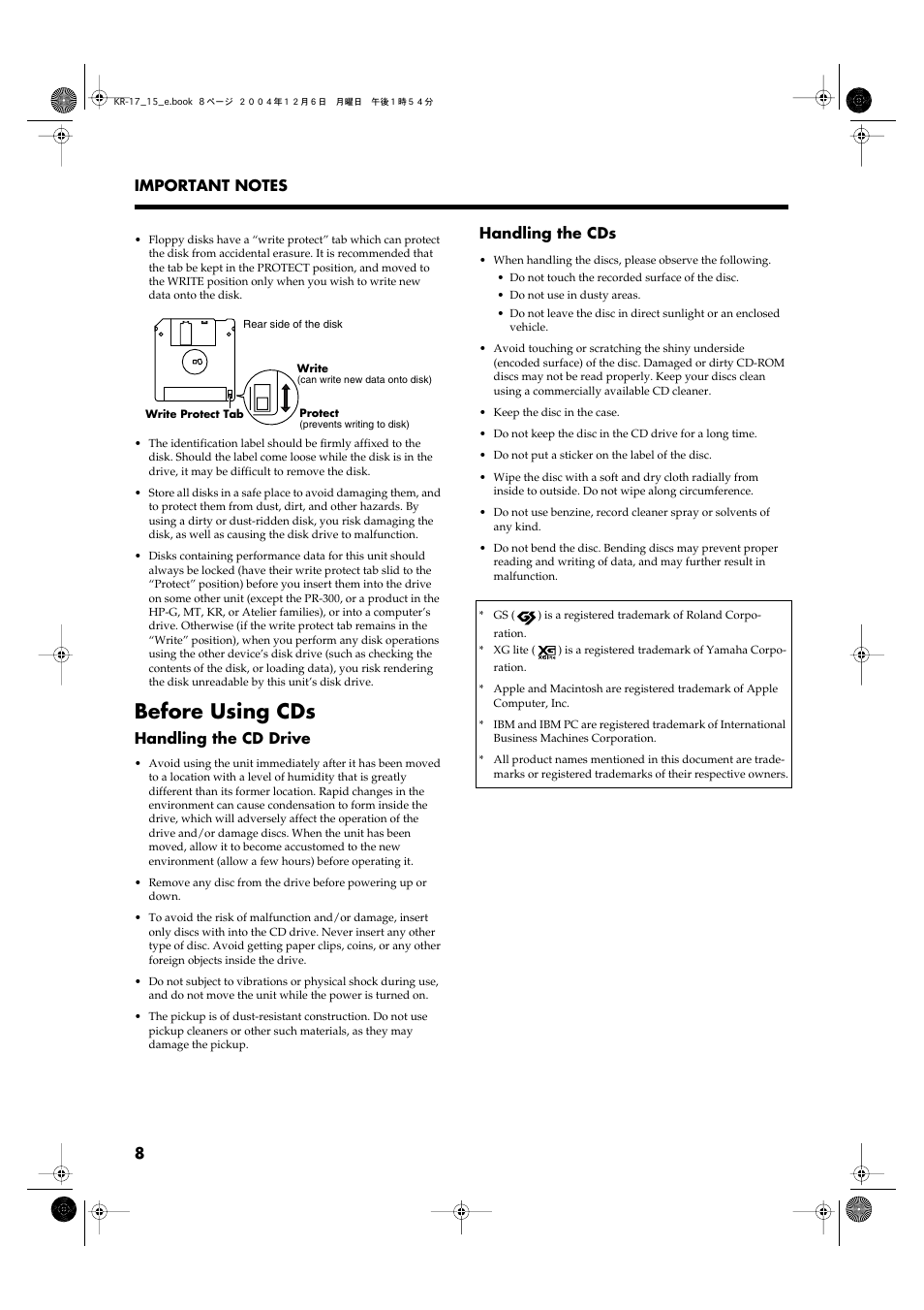Before using cds, Handling the cd drive, Handling the cds | Roland KR-17 User Manual | Page 8 / 212