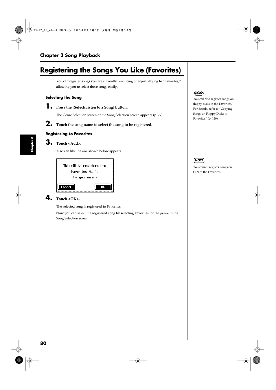 Registering the songs you like (favorites), Favorites (p. 80) | Roland KR-17 User Manual | Page 80 / 212