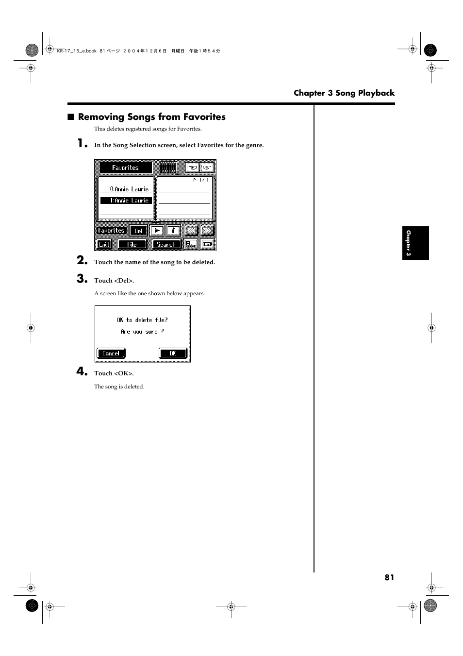 Removing songs from favorites | Roland KR-17 User Manual | Page 81 / 212