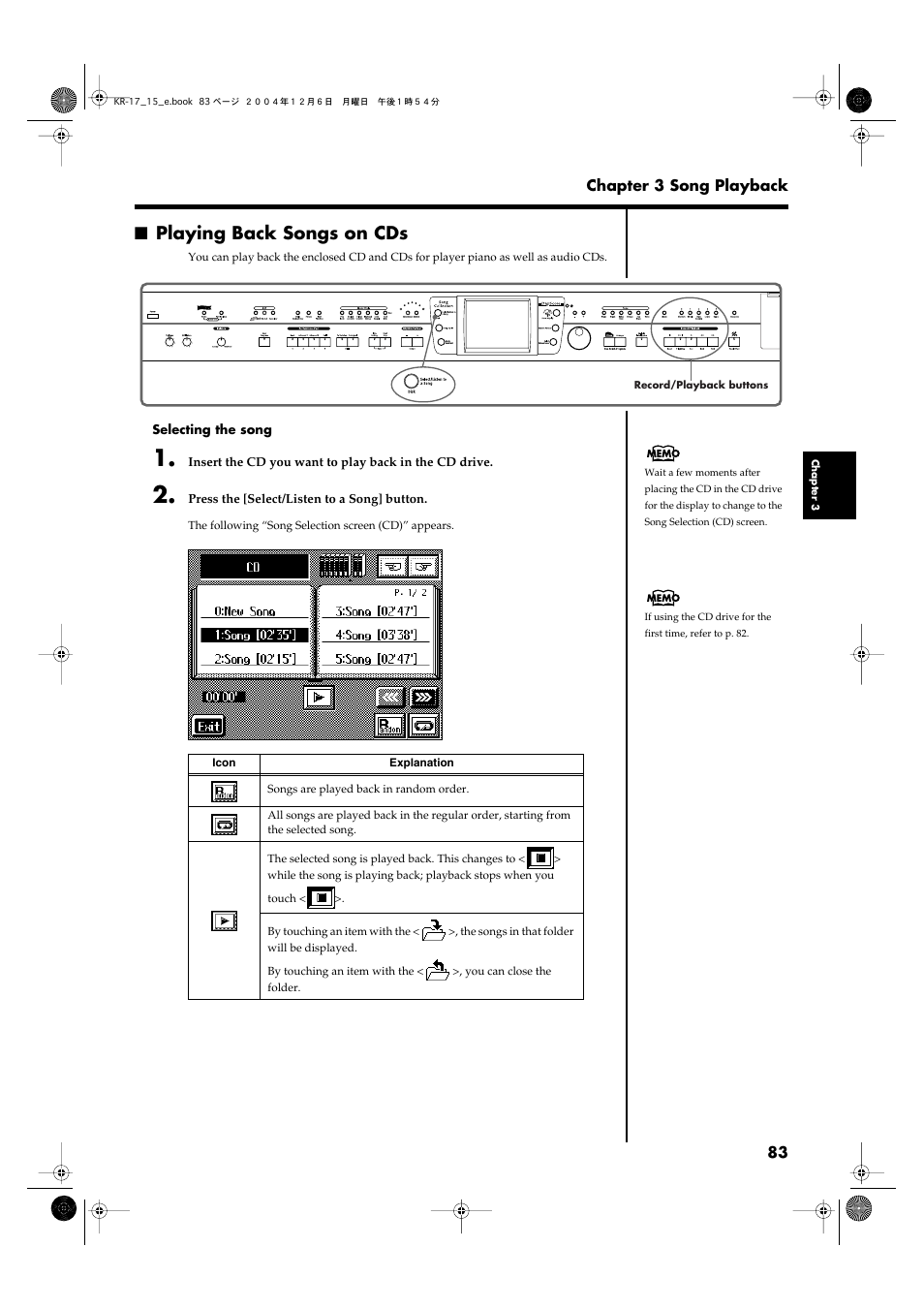 Playing back songs on cds | Roland KR-17 User Manual | Page 83 / 212