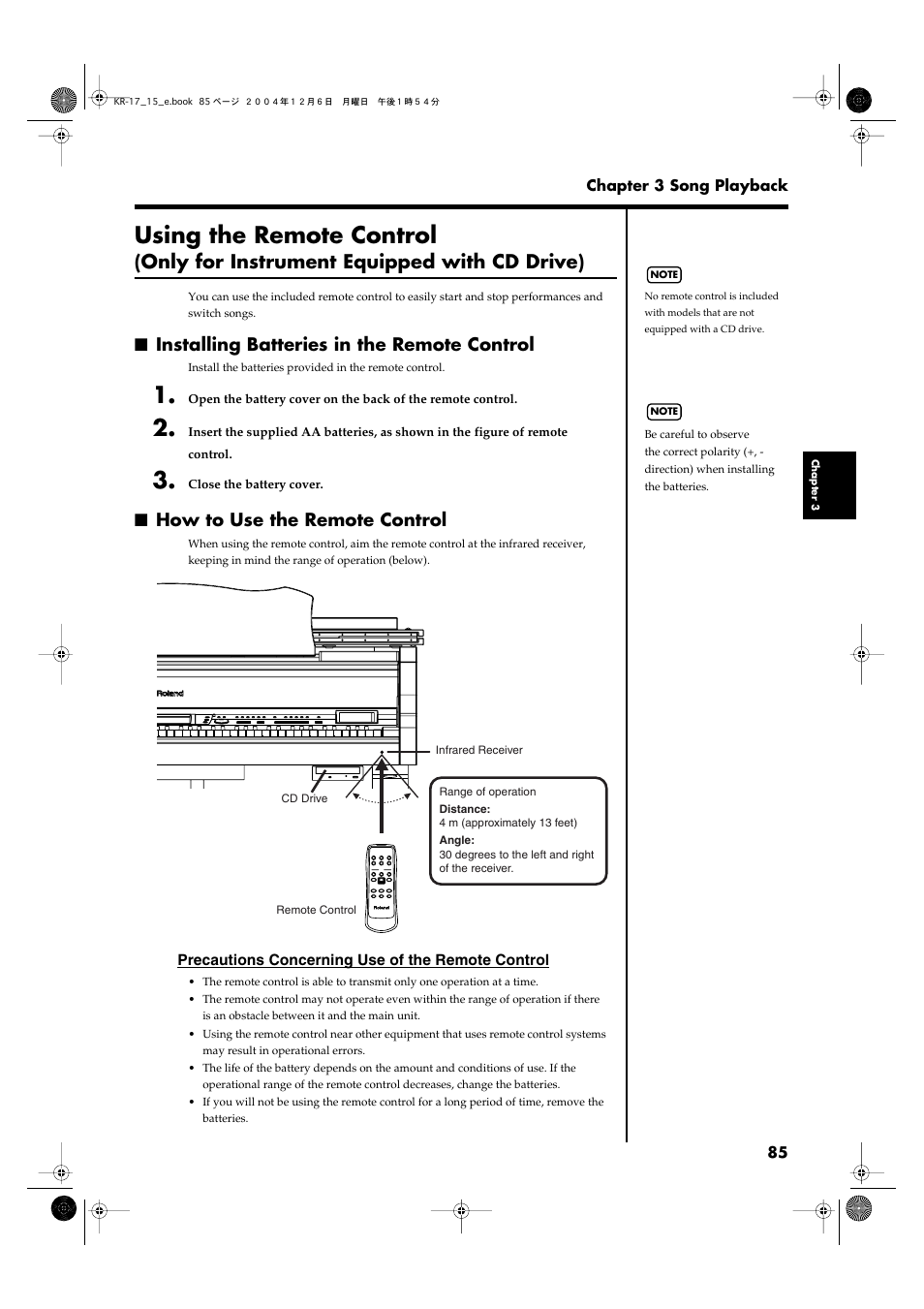 Installing batteries in the remote control, How to use the remote control, Using the remote control | Only for instrument equipped with cd drive) | Roland KR-17 User Manual | Page 85 / 212