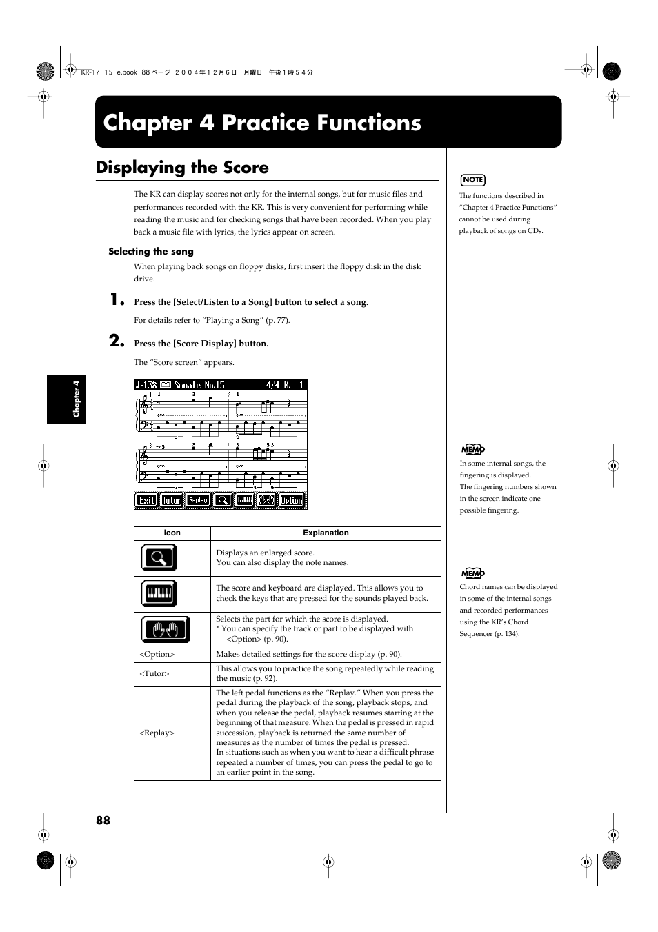 Chapter 4 practice functions, Displaying the score, Displays scores (p. 88) | Roland KR-17 User Manual | Page 88 / 212