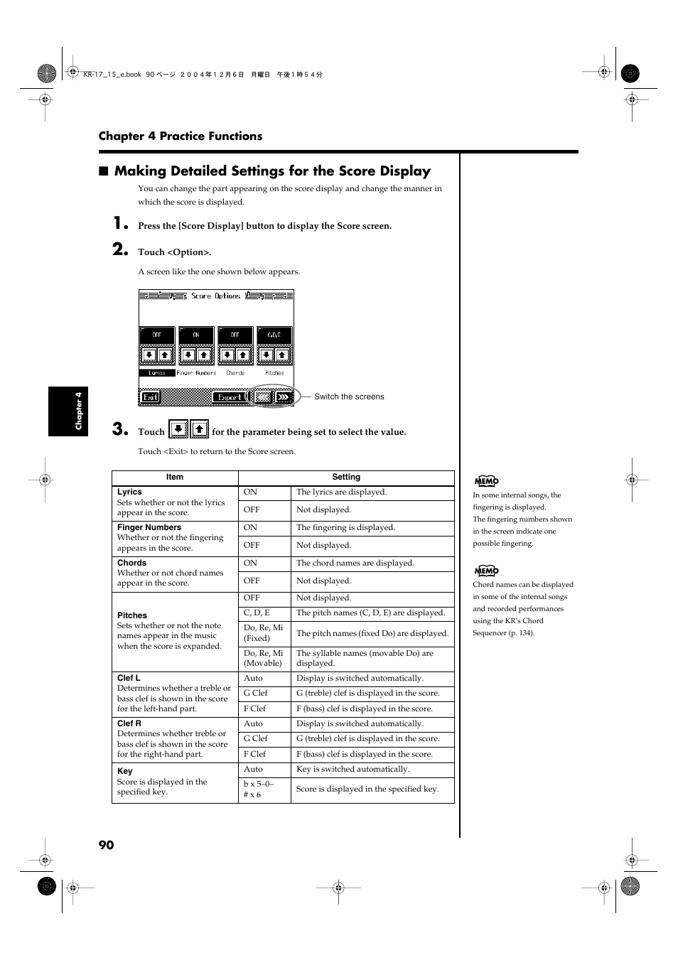 Making detailed settings for the score display, Option> (p. 90) | Roland KR-17 User Manual | Page 90 / 212