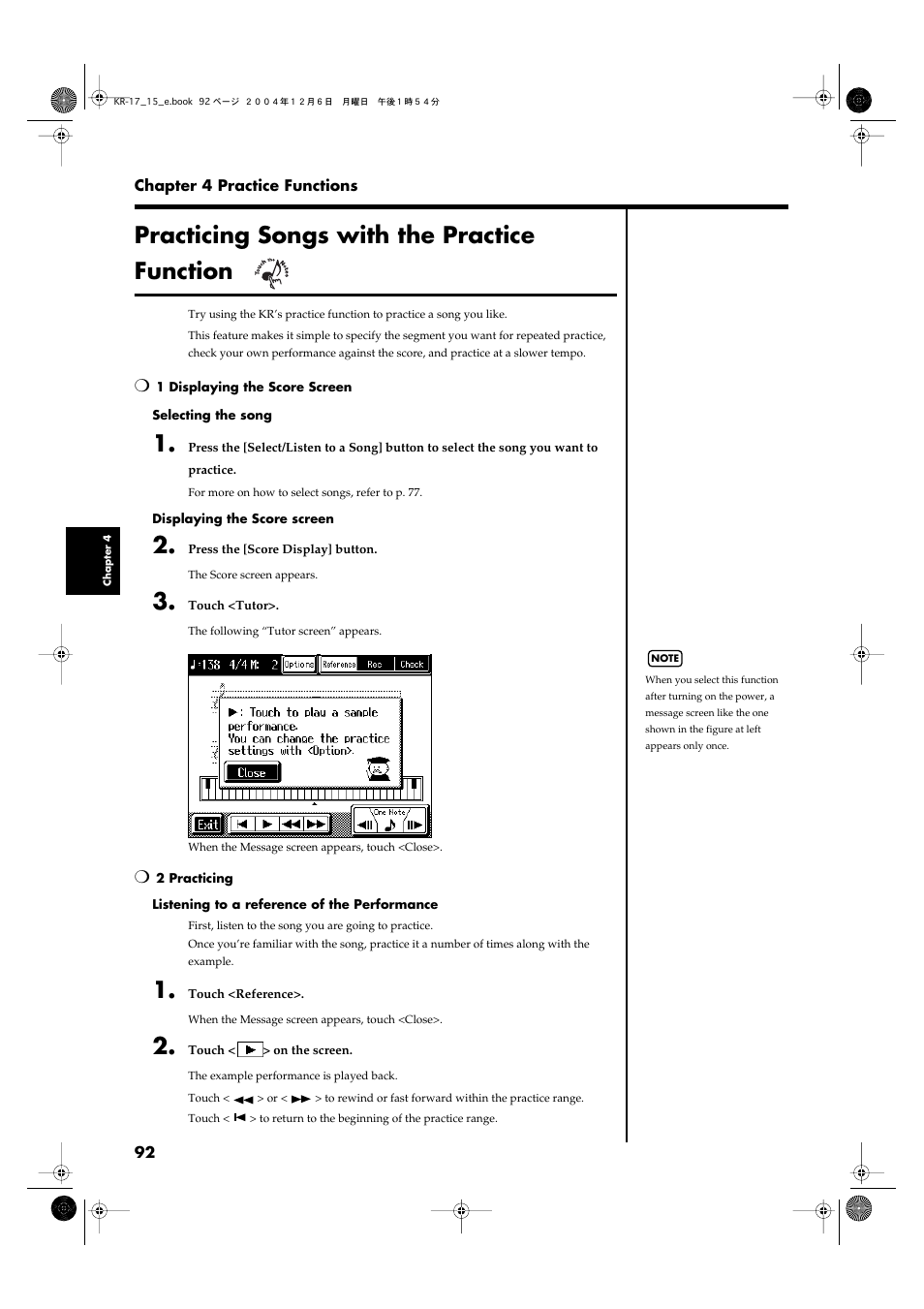 Practicing songs with the practice function, You can use the practice function (p. 92), The music (p. 92) | Roland KR-17 User Manual | Page 92 / 212