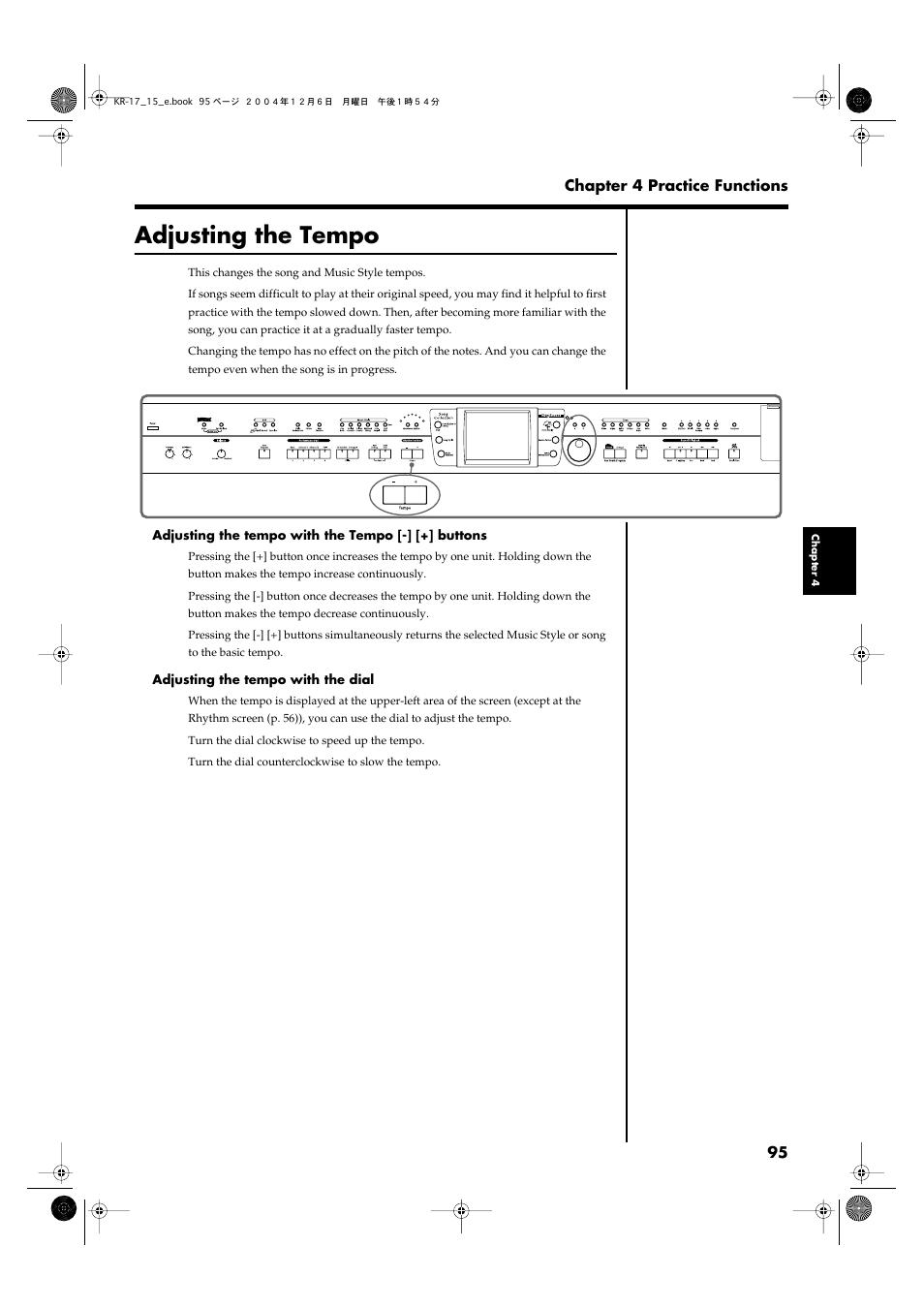 Adjusting the tempo | Roland KR-17 User Manual | Page 95 / 212