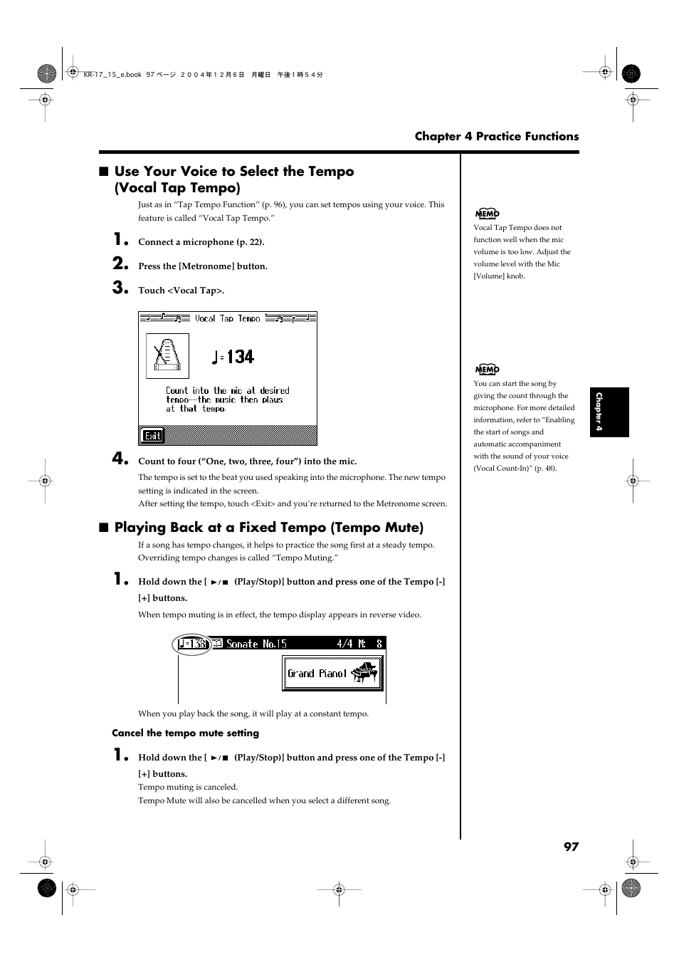 Playing back at a fixed tempo (tempo mute) | Roland KR-17 User Manual | Page 97 / 212