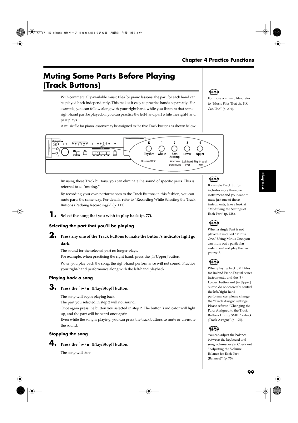 Muting some parts before playing (track buttons), Information, refer to p. 99 | Roland KR-17 User Manual | Page 99 / 212
