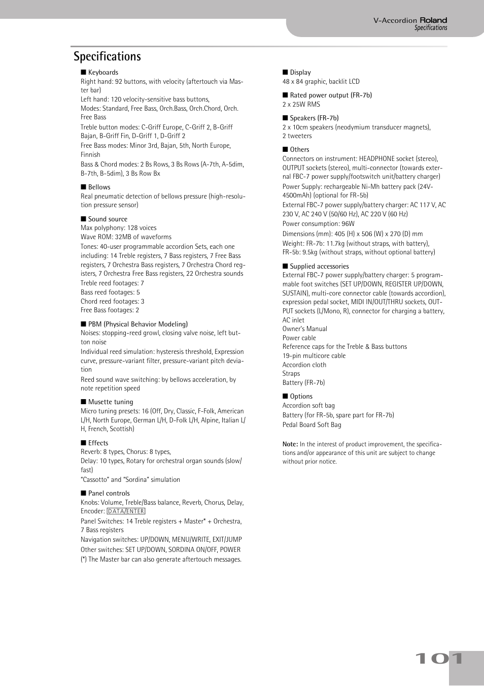 Specifications, Let that meets the specifications (see p. 101) | Roland V-ACCORDION FR-7 User Manual | Page 101 / 118