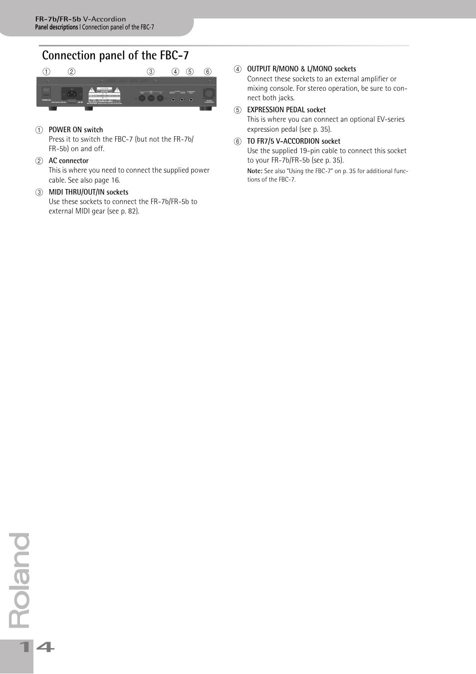 Connection panel of the fbc7, Connection panel of the fbc-7 | Roland V-ACCORDION FR-7 User Manual | Page 14 / 118