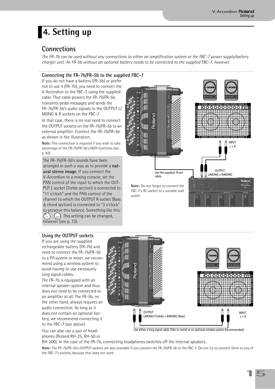 Setting up, Connections, Connecting the fr7b/fr5b to the supplied fbc7 | Using the output sockets | Roland V-ACCORDION FR-7 User Manual | Page 15 / 118