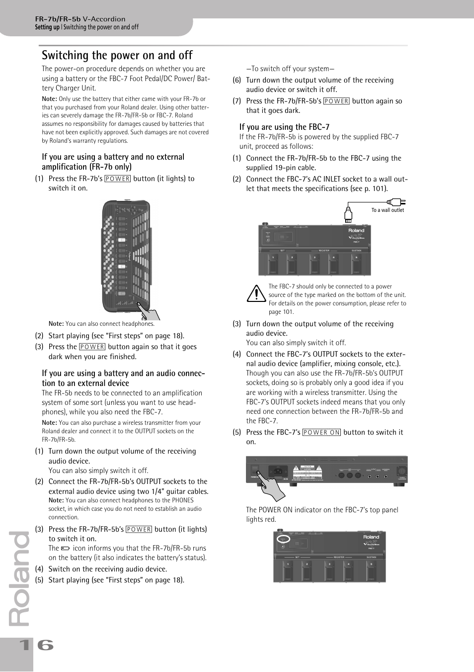 Switching the power on and off, If you are using the fbc7 | Roland V-ACCORDION FR-7 User Manual | Page 16 / 118