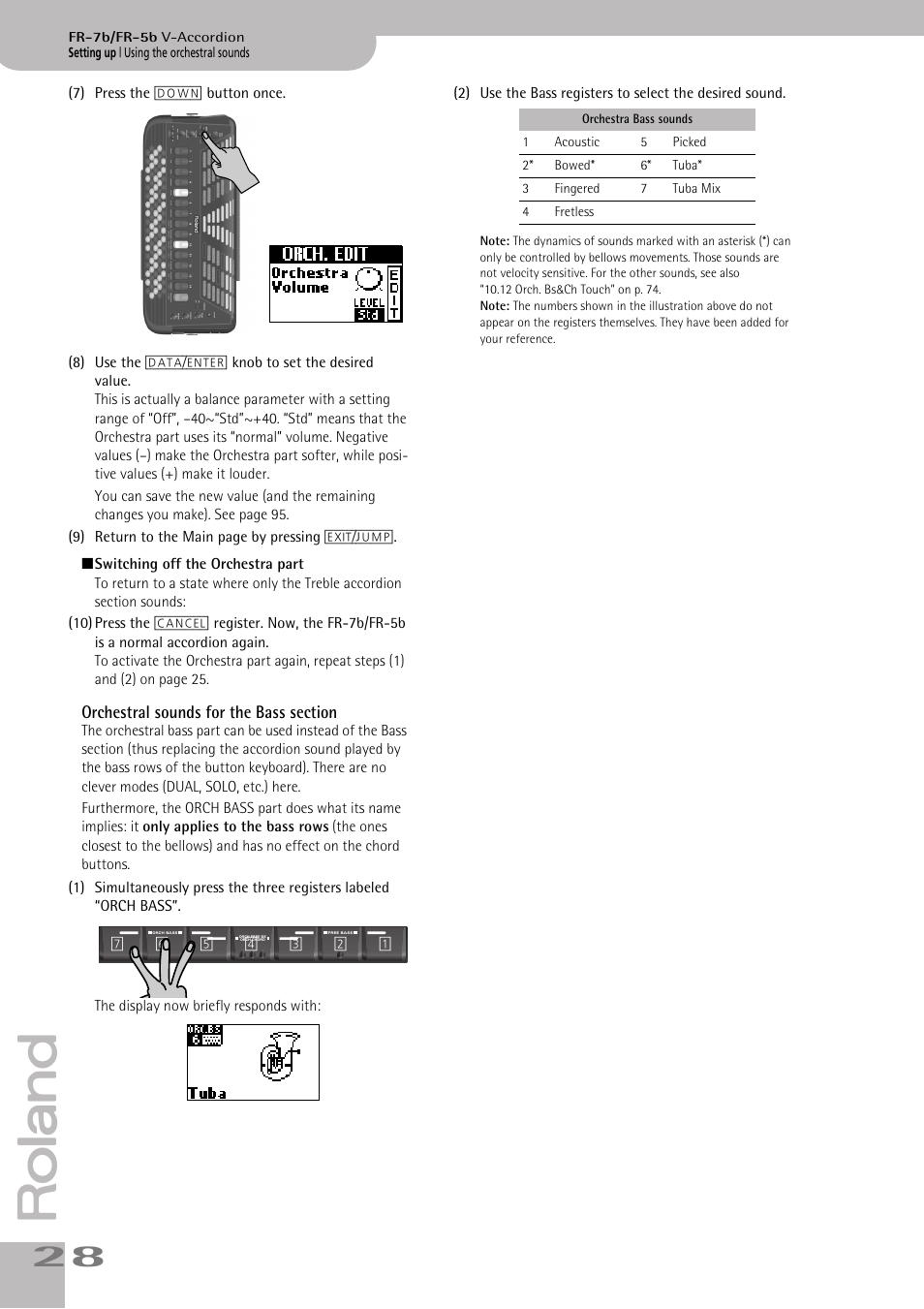 Orchestral sounds for the bass section, Mode (see p. 28) | Roland V-ACCORDION FR-7 User Manual | Page 28 / 118