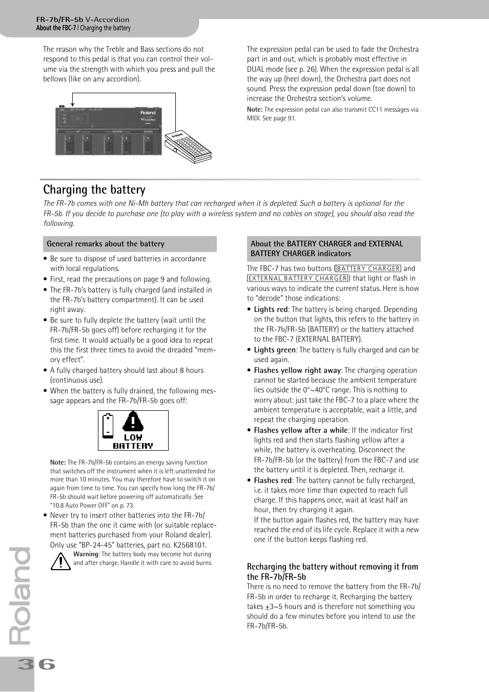 Charging the battery | Roland V-ACCORDION FR-7 User Manual | Page 36 / 118