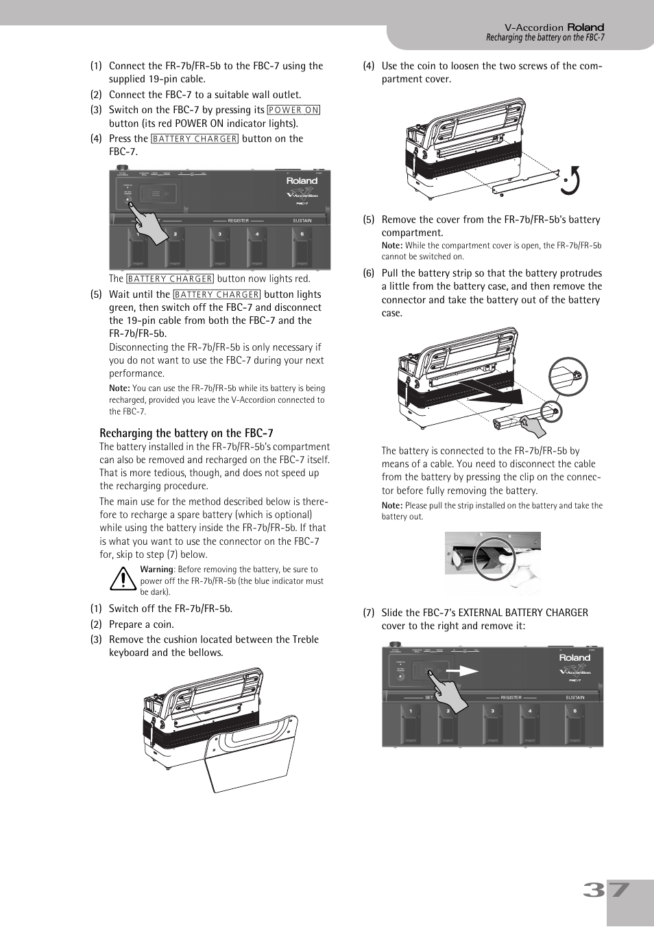 Recharging the battery on the fbc7 | Roland V-ACCORDION FR-7 User Manual | Page 37 / 118