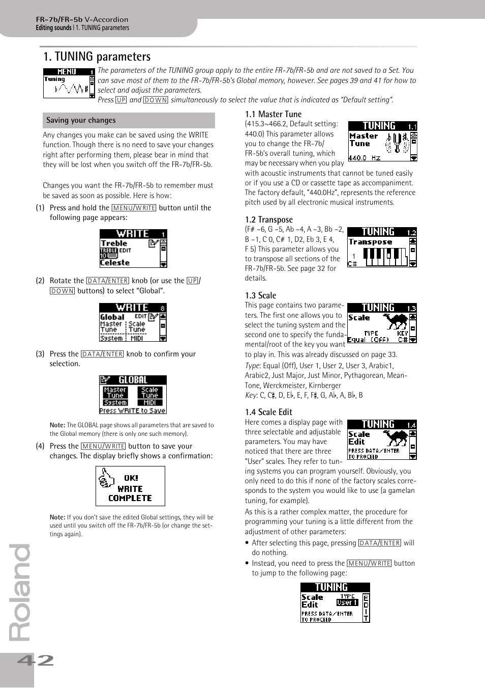 tuning parameters, 1master tune, 2transpose | 3scale, 4scale edit, Tuning parameters, P. 42 | Roland V-ACCORDION FR-7 User Manual | Page 42 / 118