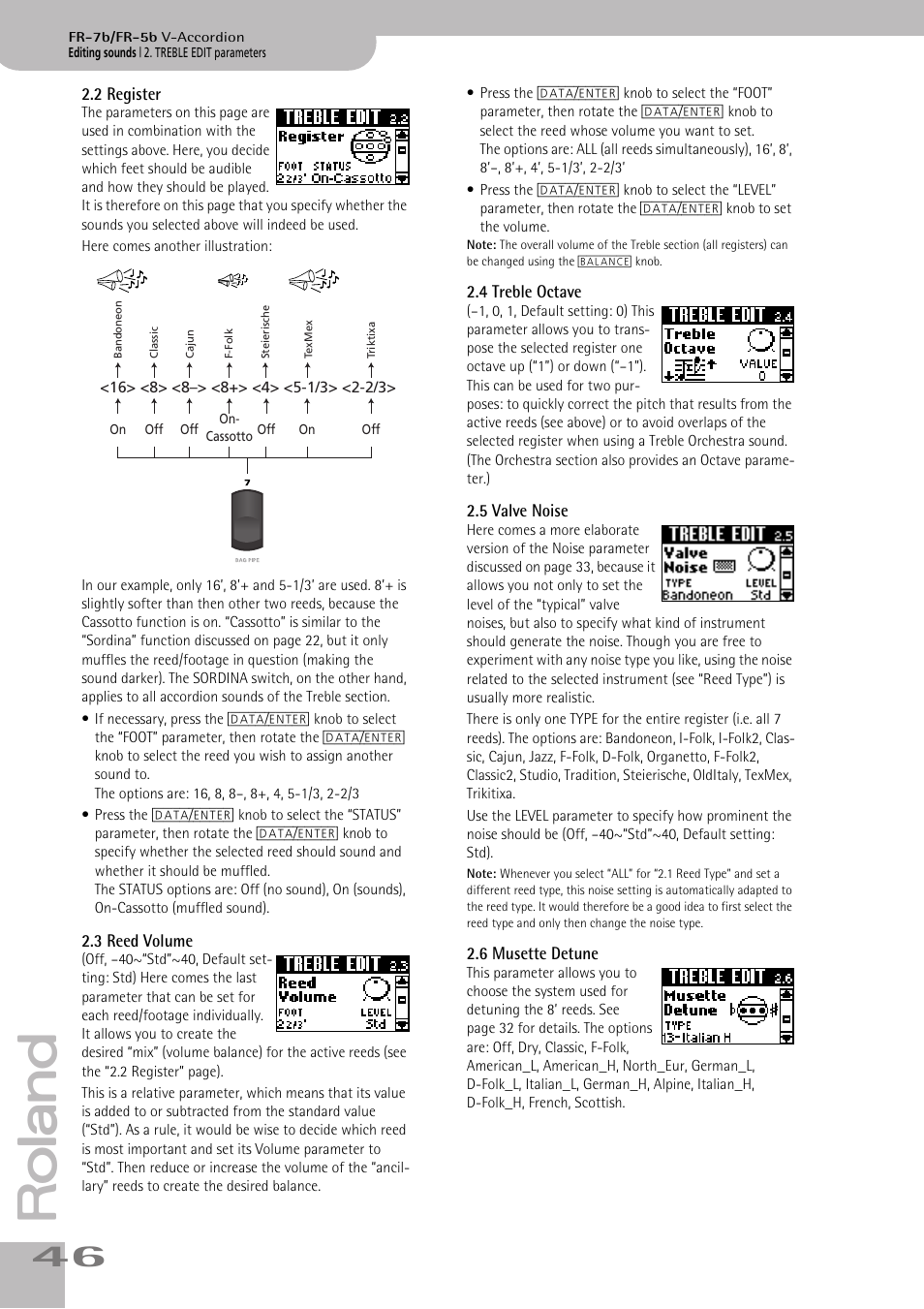 2register, 3reed volume, 4treble octave | 5valve noise, 6musette detune, P. 46 | Roland V-ACCORDION FR-7 User Manual | Page 46 / 118
